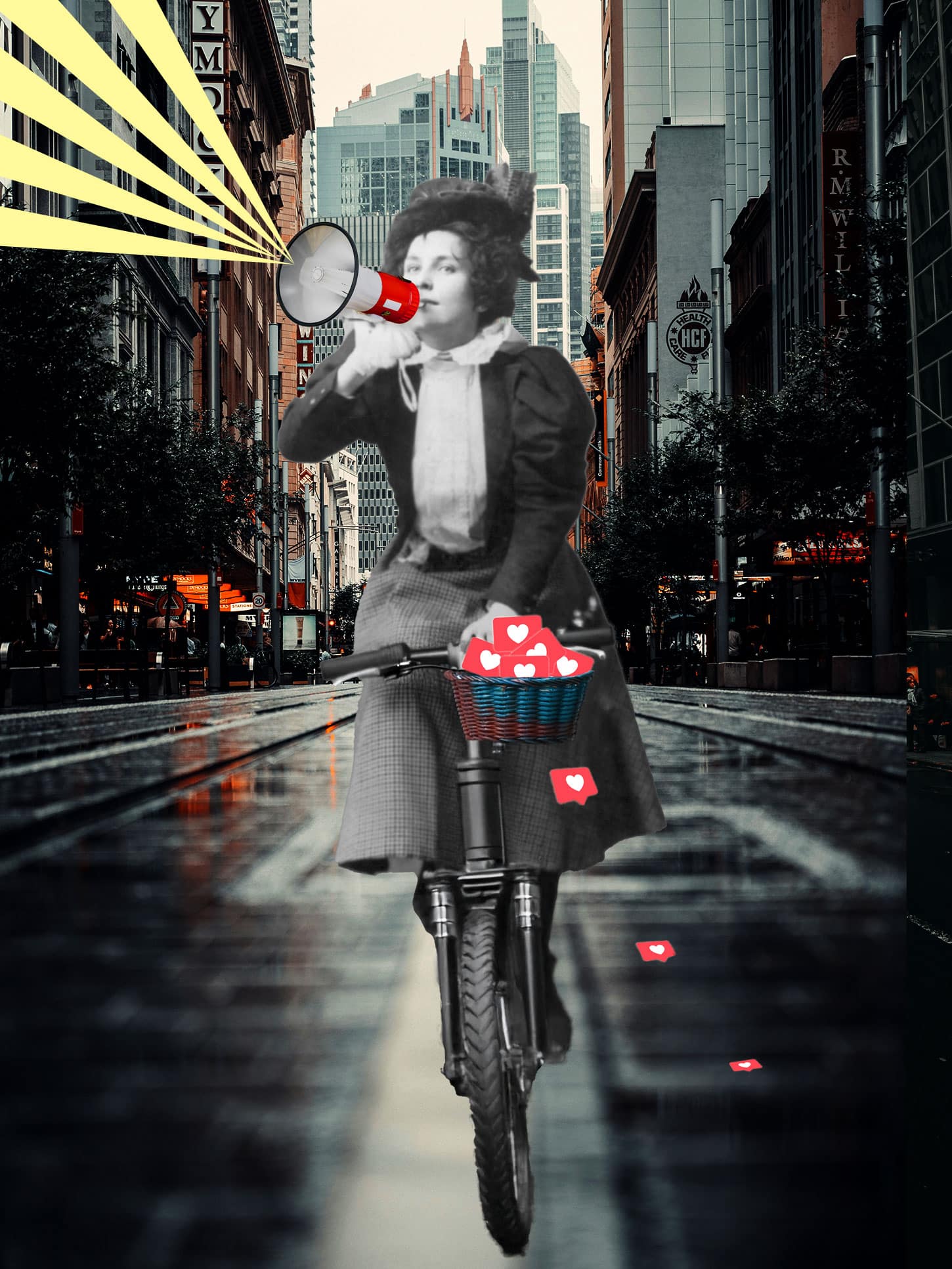 Illustration artistique de la communication : une femme à vélo diffuse son message avec un mégaphone, représentant les marques qui se font connaître et aimer.